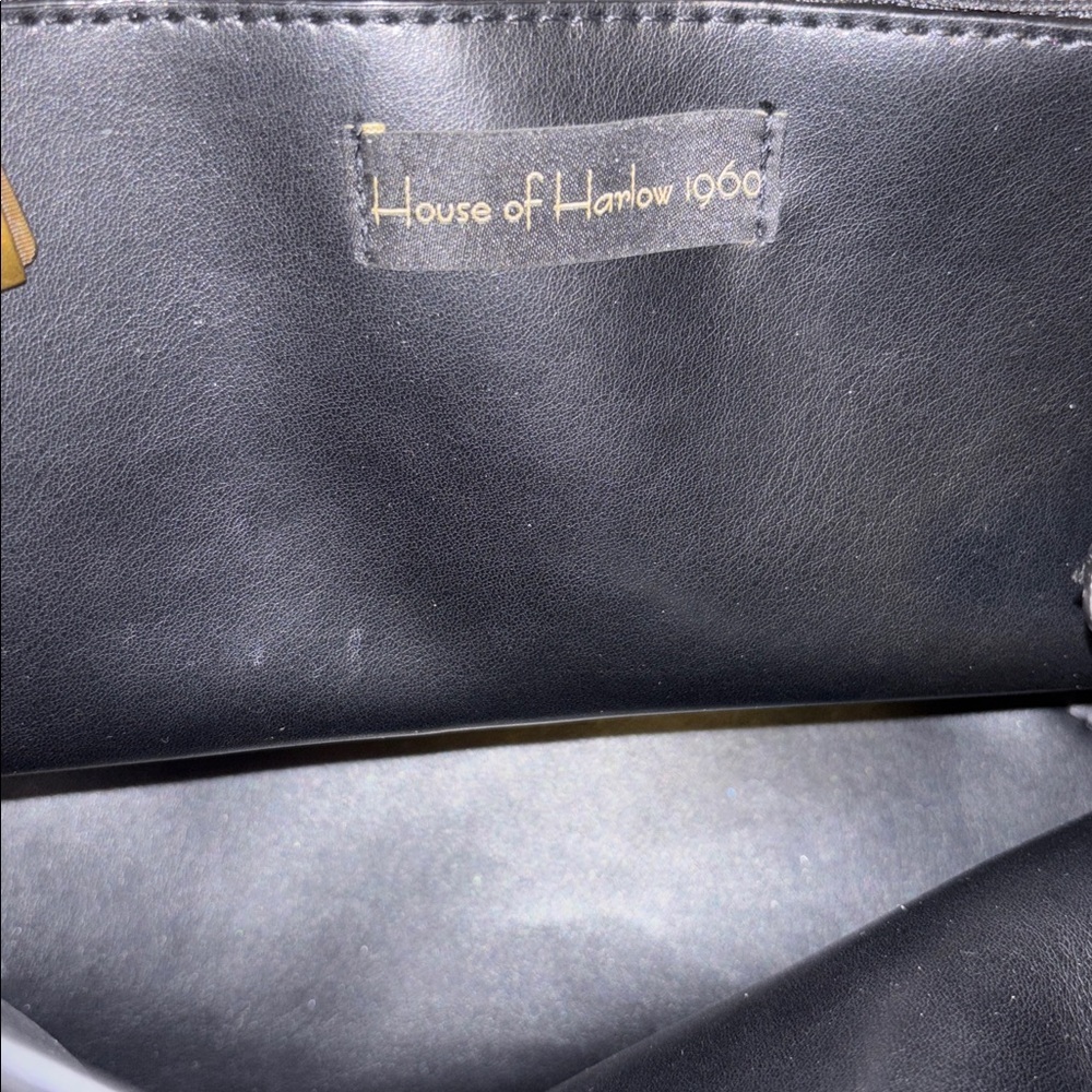 HOUSE OF HARLOW 1960 BLACK SUEDE BAG W/ SHOULDER STRAP GOLD/BRASS TONED HANDLE - Picture 9 of 16